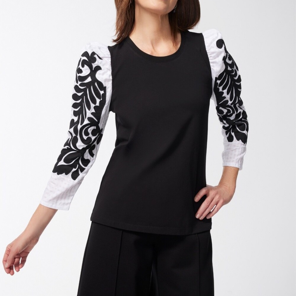 Chicos White Jacquard Sleeve Tee Black Size 3 XL
